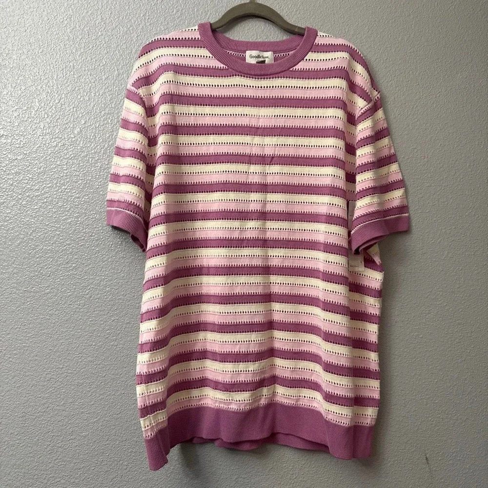 Goodfellow & Co Men's Crewneck Shawl Sweater Pink Striped Short Sleeved ShirT